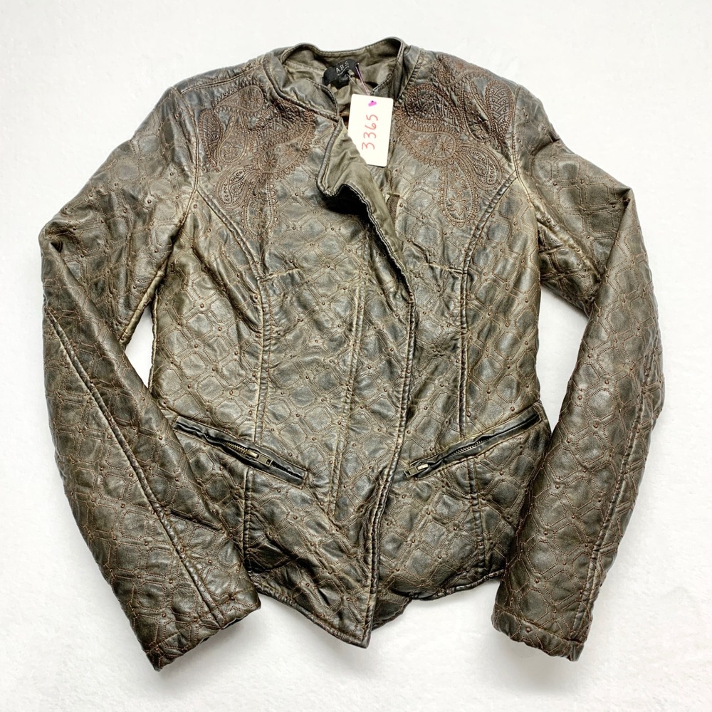 ABS Allen Schwartz Quilted Embroidered Moto Jacket Womens Size S‎ Olive Green PU